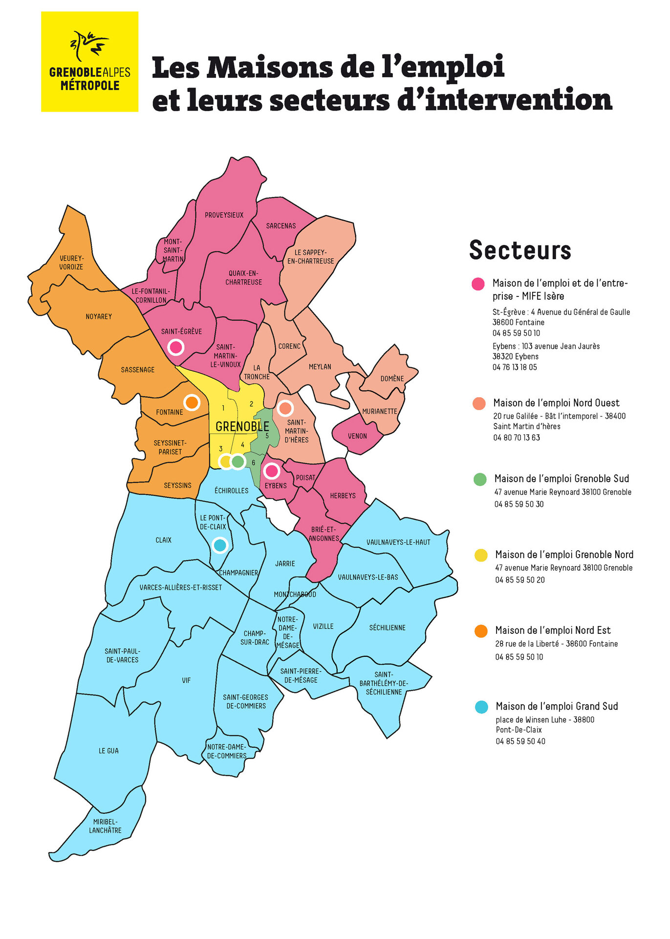 Les maisons de l'emploi et leurs secteurs d'intervention dans la Métropole de Grenoble